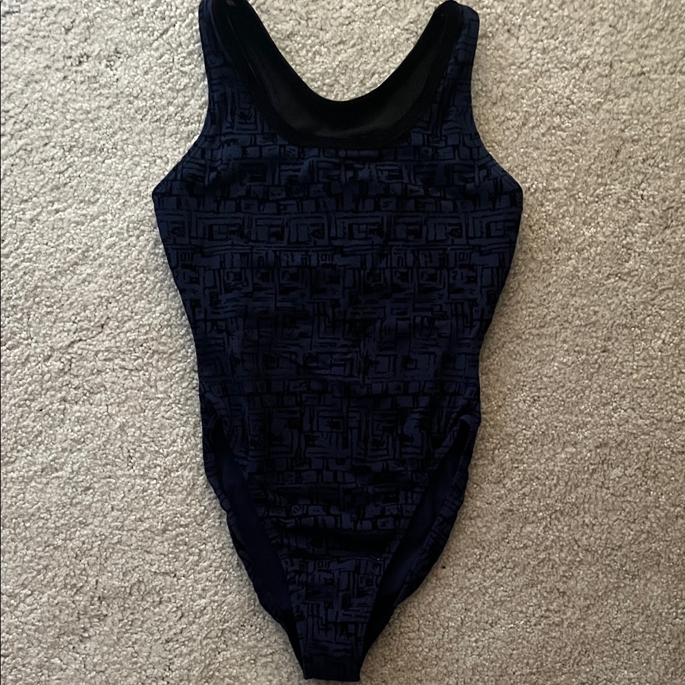 Women’s Vintage Velvet Black and Navy Blue Patterned Swimsuit size medium
